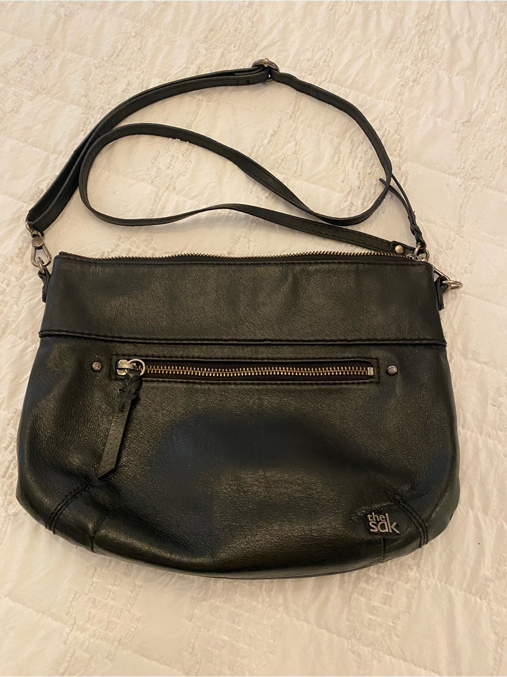The Sak Black Leather Crossbody with Front Zip